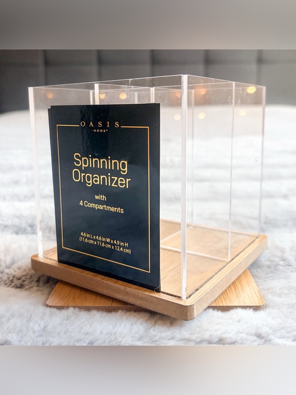 Oasis Home Spinning Organizer 4 Compartments Acrylic Wood Clear Beige 4.6x4.9in
